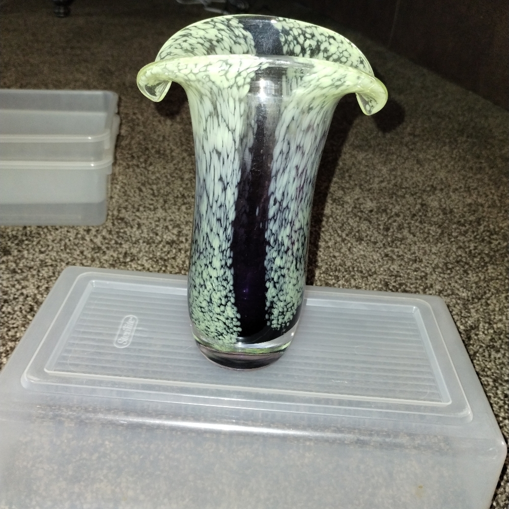 Purple and green teleflora blown glass vase.